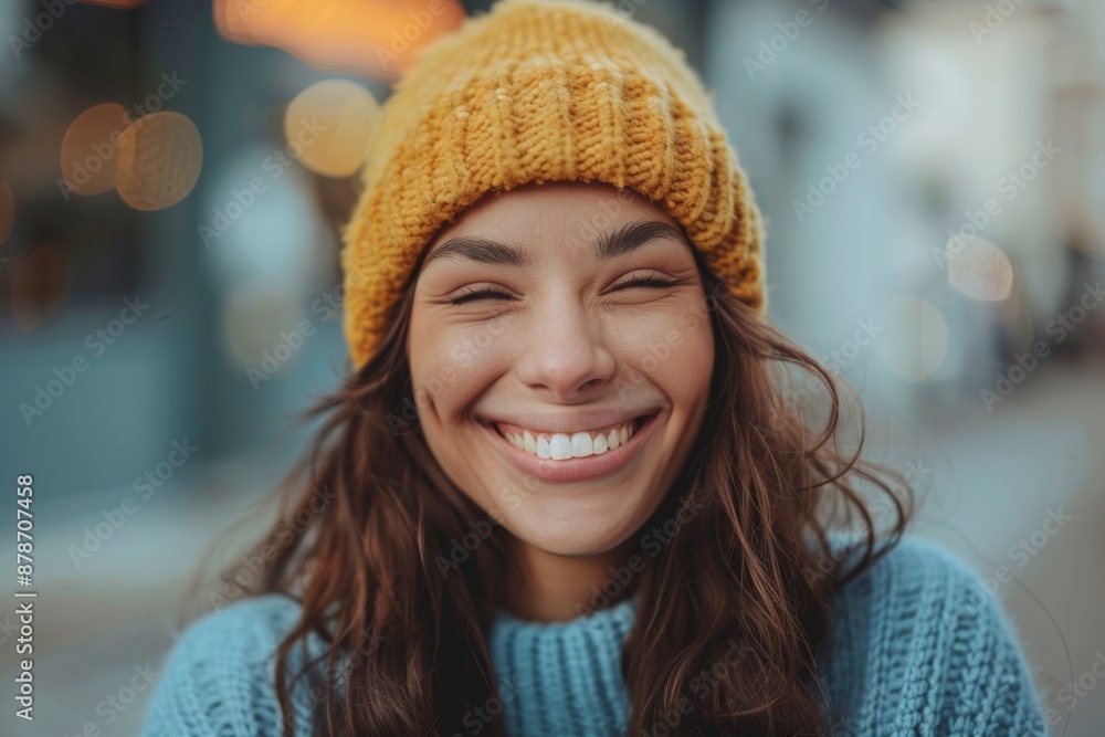 A young woman with long brown hair smiles brightly while wearing a yellow knit hat and blue sweater