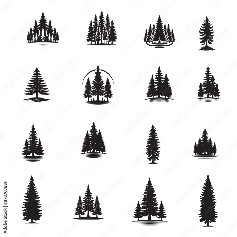 Obraz premium black and white silhouette pine trees vector logo with white background