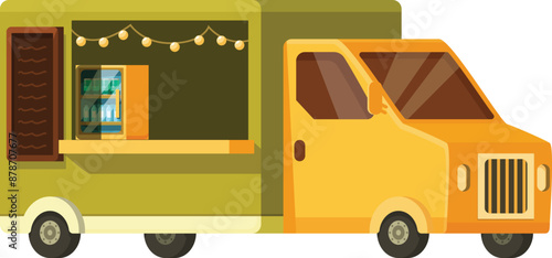 Food truck serving street food at a summer festival, selling snacks, beverages, and fast food