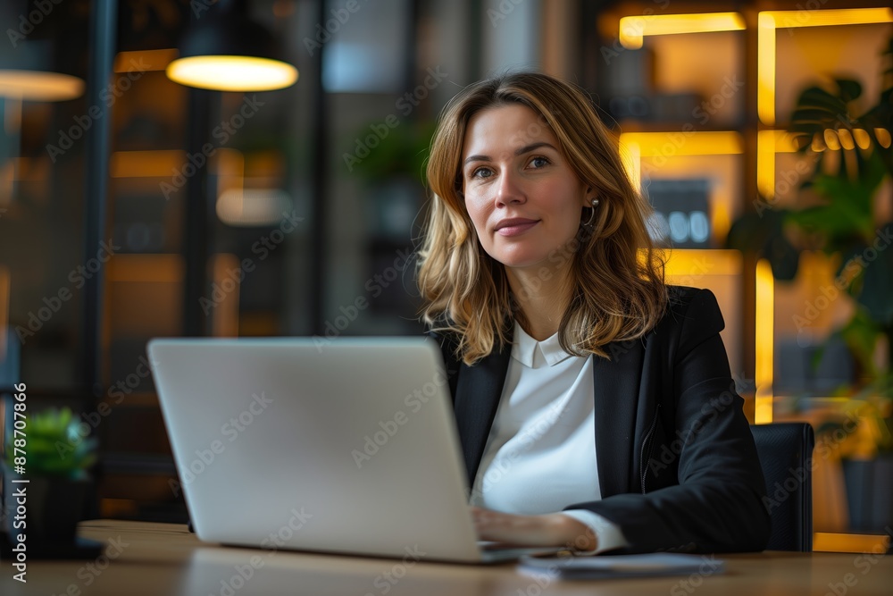 A beautiful and happy business woman working on a laptop in the office, she is looking at the laptop, the girl is dressed in an elegant suit. A beautiful and happy business woman working on a laptop in the office, she is looking at the laptop, the girl is dressed in an elegant suit.