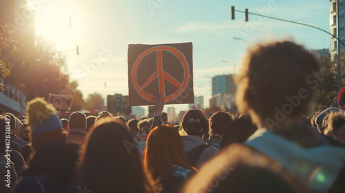 Crowd gathered to protest against war, passionate faces and peace signs, right third copy space photo