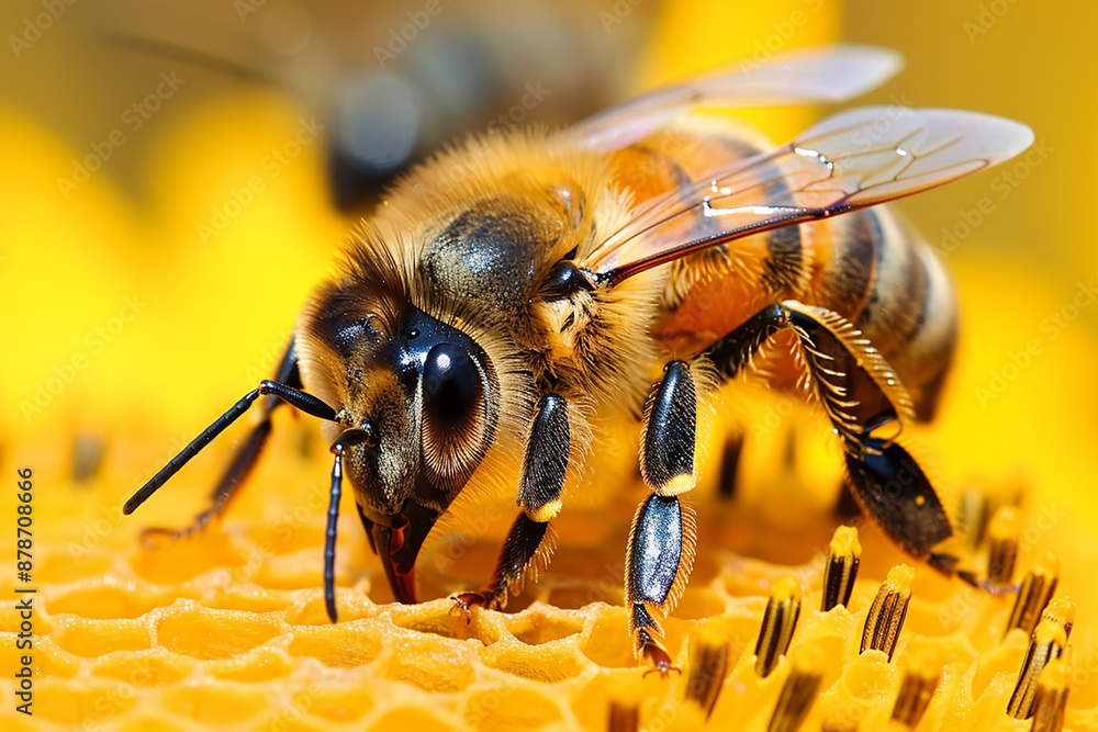 A detailed macro shot of a bee collecting nectar from a flower, highlighting the intricate details of the bee's body and the texture of the flower's surface. A detailed macro shot of a bee collecting nectar from a flower, highlighting the intricate details of the bee's body and the texture of the flower's surface.