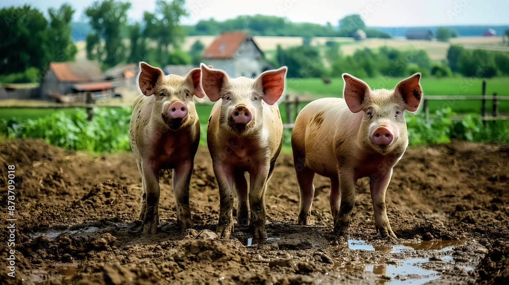 Three adorable pigs standing in a muddy farm field with a scenic rural background, representing farm life and agriculture. high quality Three adorable pigs standing in a muddy farm field with a scenic rural background, representing farm life and agriculture. high quality