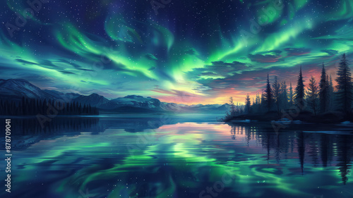 Create a tranquil landscape featuring a mesmerizing aurora borealis in the night sky.generative ai