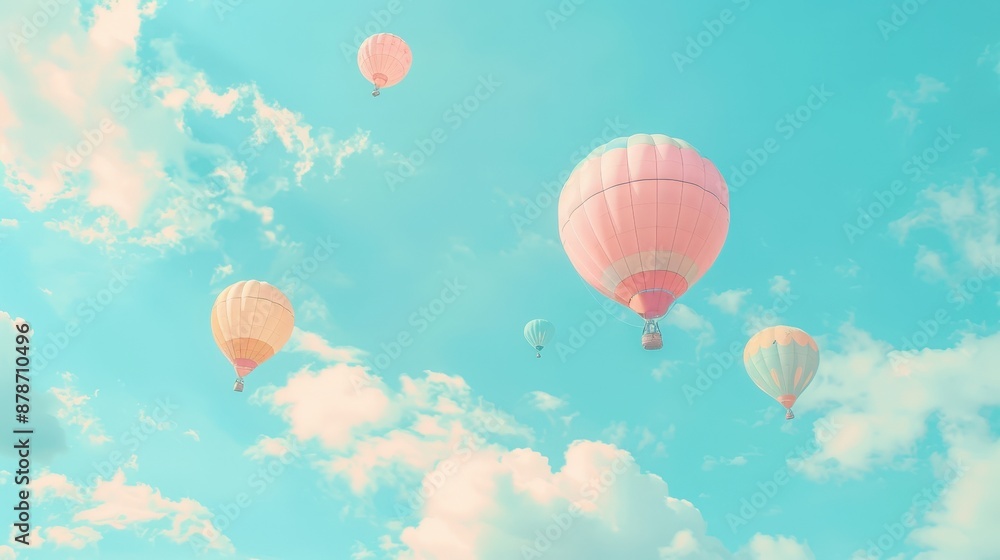 Obraz premium Several hot air balloons float against a vibrant blue sky with fluffy white clouds