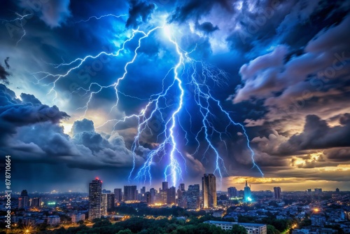Dramatic apocalyptic background with electric blue lightning bolt striking a dark stormy sky over a desolate urban cityscape at dusk.