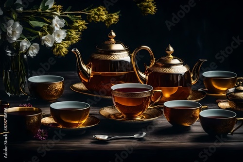 Luxury tea cups and teapot at night.