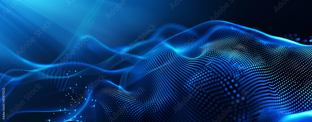 3d Dynamic blue dotted particle wave on dark blue abstract background. Abstract sound visualization. Digital structure of the wave flow of luminous particles. 3d Dynamic blue dotted particle wave on dark blue abstract background. Abstract sound visualization. Digital structure of the wave flow of luminous particles.