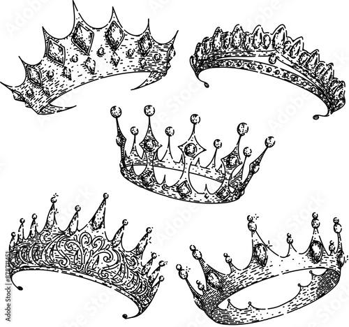 crown queen set hand drawn. royal prince, symbol gold, golden set crown queen vector sketch. isolated black illustration