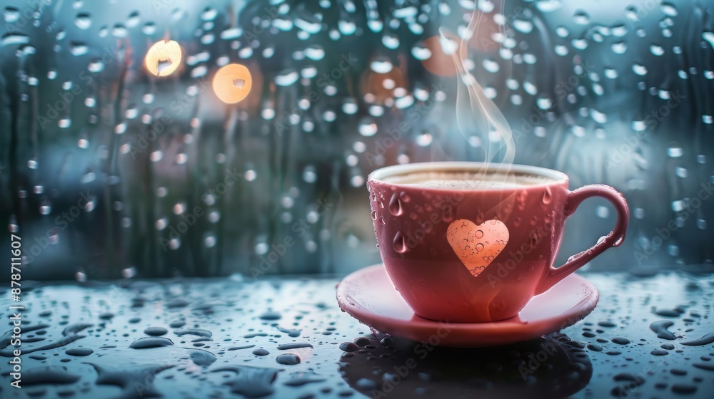 Obraz premium Steaming coffee cup on a rainy day window background with heart shape 