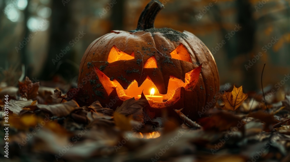 A close-up photograph of a carved jack-o'-lantern with a mischievous grin, lit from within by a flickering candle, surrounded by autumn leaves. A close-up photograph of a carved jack-o'-lantern with a mischievous grin, lit from within by a flickering candle, surrounded by autumn leaves.