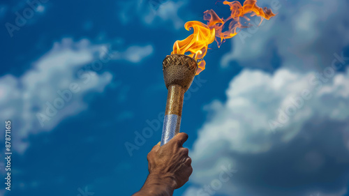 A man's muscular arm holds a torch with the Olympic flame, a blue sky background with clouds.generative ai