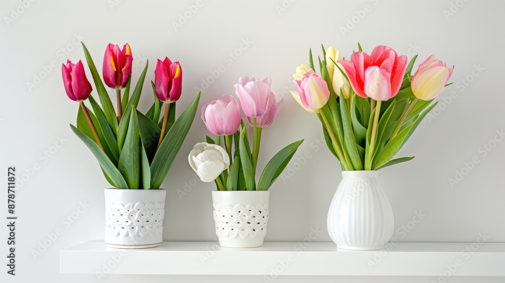 Fototapeta premium Decorating with fresh tulips on a white shelf