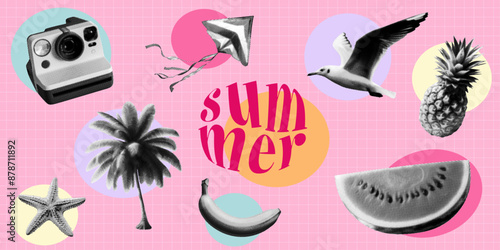 summer collage set with watermelon instant camera starfish palm tree banana seagull pineapple kite on pink background retro halftone dotted cut-out elements