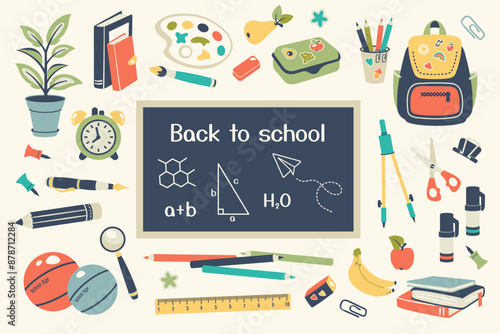 Hand drawn Doodle school elements isolated. School equipment, stationery subjects. Pencils, blackboard, marker, backpack, stickers, lunch box, books. Vector illustration for banner, poster, background