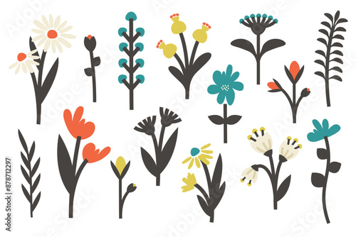 Set of Field and meadow wildflowers. Abstract flowers, plants and leaves isolated. Hand drawn doodle Flower elements. Floral design. Vector flat  illustration