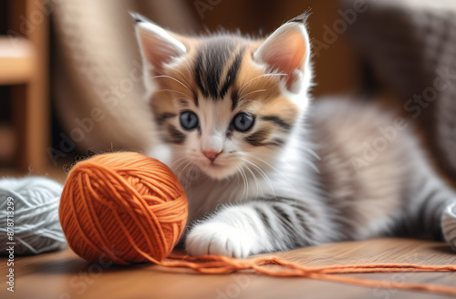 Striped cat playing with pink and grey balls skeins of thread on the floor bed. Little curious kitten lying over white blanket looking at camera.