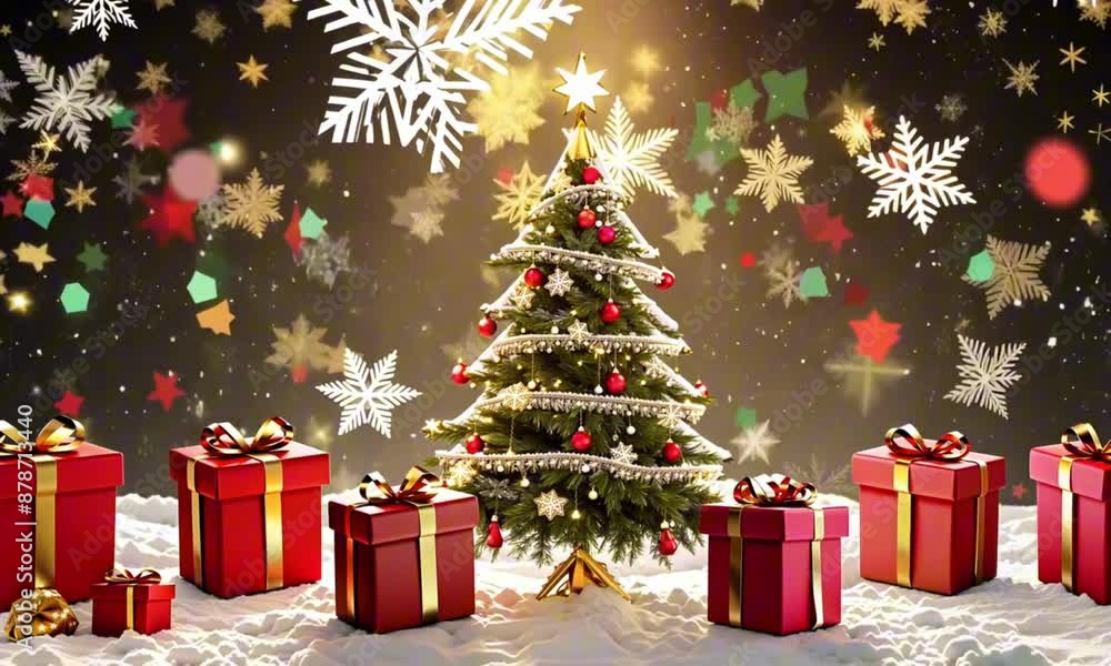 Illuminated christmas trees with red and golden garlands into a forest with snowy flakes with shape of stars close to xmas gifts in red boxes Illuminated christmas trees with red and golden garlands into a forest with snowy flakes with shape of stars close to xmas gifts in red boxes