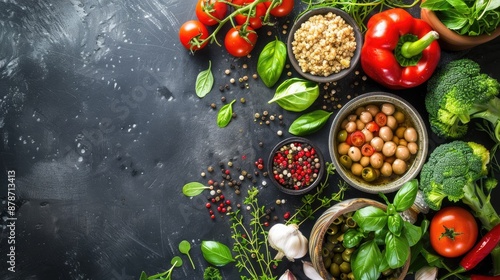 Various vegetarian ingredients on rustic background top view © 2rogan