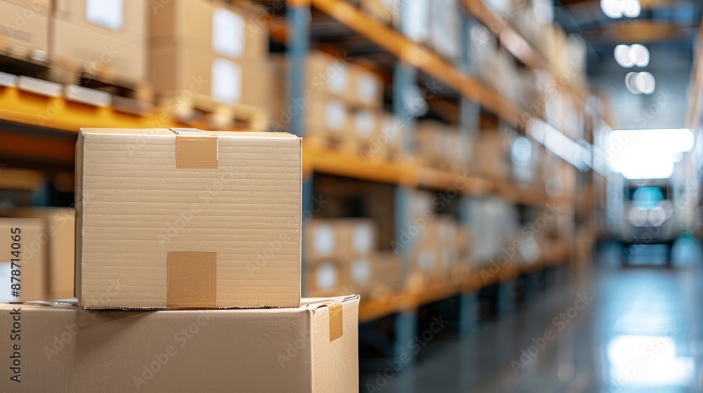 Close-up of cartons on shelves in a hangar transportation concept ethereal Multilayer cargo truck backdrop, focus cover all object Close-up of cartons on shelves in a hangar transportation concept ethereal Multilayer cargo truck backdrop, focus cover all object