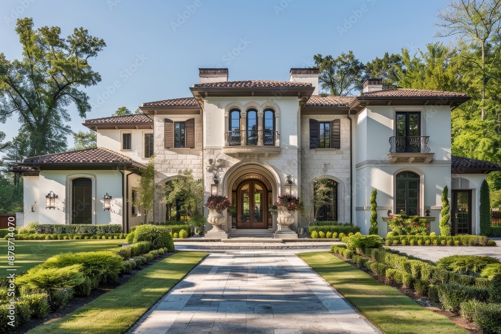 Fototapeta premium Large White House With Many Windows, Combine traditional architectural styles with modern influences to create a truly unique and timeless masterpiece