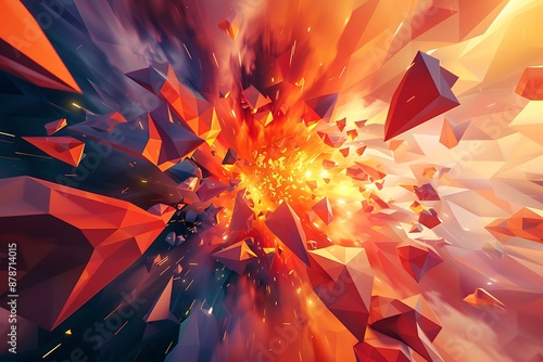 A low-poly explosion with a limited color palette, creating a retro-futuristic aesthetic.