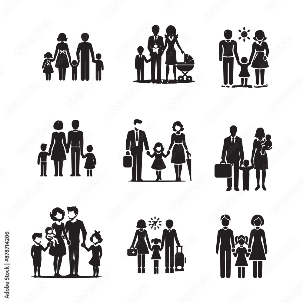 black and white silhouette Family Icon vector with white background black and white silhouette Family Icon vector with white background