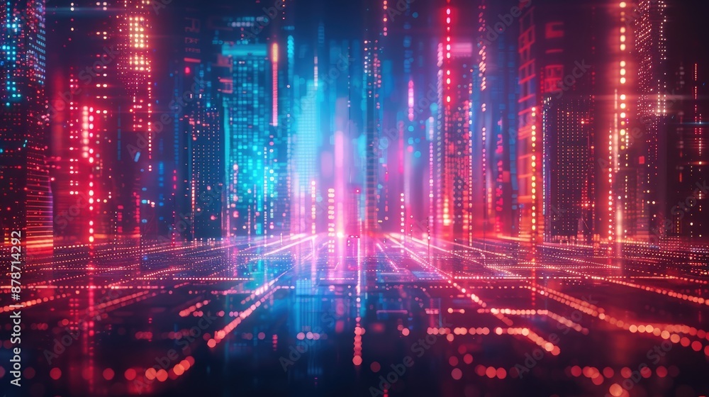 A vibrant digital cityscape with neon lights and glowing grid lines, showcasing a futuristic urban environment in bright pinks and blues A vibrant digital cityscape with neon lights and glowing grid lines, showcasing a futuristic urban environment in bright pinks and blues
