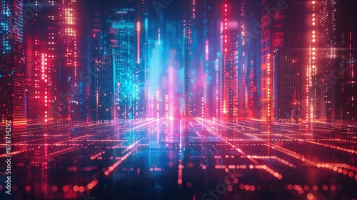 Wallpaper Mural A vibrant digital cityscape with neon lights and glowing grid lines, showcasing a futuristic urban environment in bright pinks and blues Torontodigital.ca