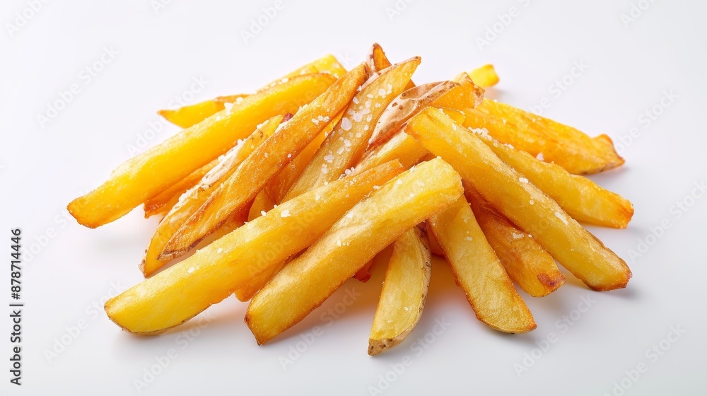 Crispy golden French fries, perfectly salted, isolated on a pure white background, high resolution, detailed texture, mouthwatering and appetizing, focus cover all object Crispy golden French fries, perfectly salted, isolated on a pure white background, high resolution, detailed texture, mouthwatering and appetizing, focus cover all object