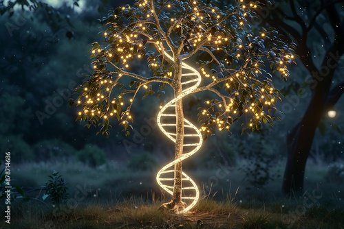 A luminous tree with branches in the shape of a DNA helix, symbolizing organic growth