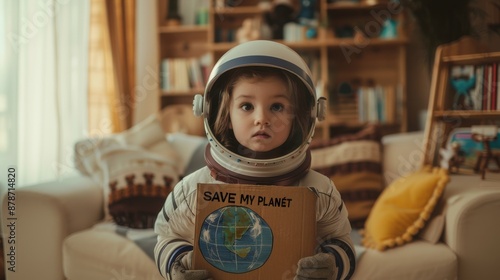 A child in a spacesuit holds a 