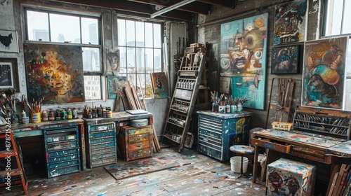 A lively artist's studio adorned with vibrant artworks, sculpting instruments, and an engrossed artist at work, capturing the essence of creativity. © Piyawat