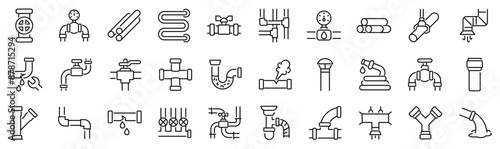 Set of 30 outline icons related to pipeline. Linear icon collection. Editable stroke. Vector illustration