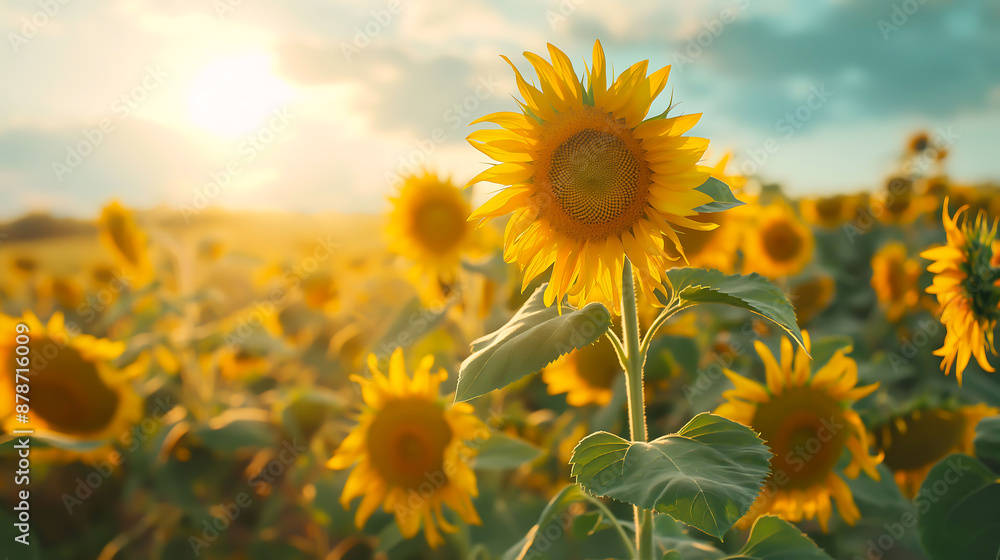 Fototapeta premium Field of sunflowers, Beautiful sunflower field in the countryside on sunny day