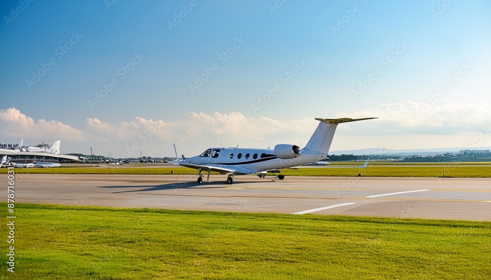 A private jet starting to taxi while a passenger airplane approaching in the background afar A private jet starting to taxi while a passenger airplane approaching in the background afar