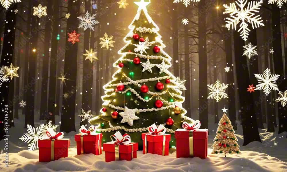 Illuminated christmas trees with red and golden garlands into a forest with snowy flakes with shape of stars close to xmas gifts in red boxes Illuminated christmas trees with red and golden garlands into a forest with snowy flakes with shape of stars close to xmas gifts in red boxes