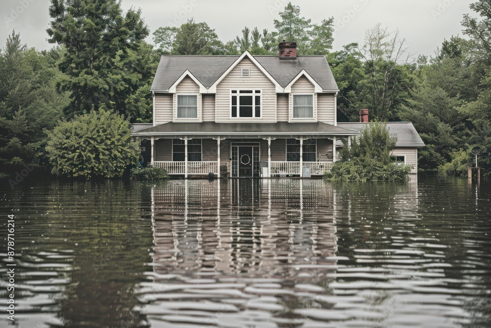a house flooded by a severe storm or flash flood, with water levels reaching the windows or even higher a house flooded by a severe storm or flash flood, with water levels reaching the windows or even higher