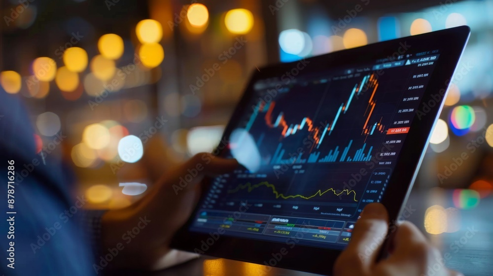 Financial analyst analyzing stock market data on a digital tablet with graphs and charts. Financial analyst analyzing stock market data on a digital tablet with graphs and charts.