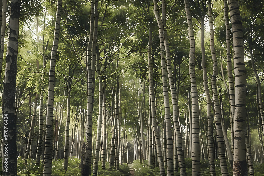 Naklejka premium image showing slender trees with pale trunks and leafy triangular foliage generative ai