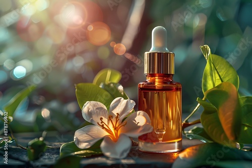 A luxury facial serum with a backdrop of glowing, healthy skin