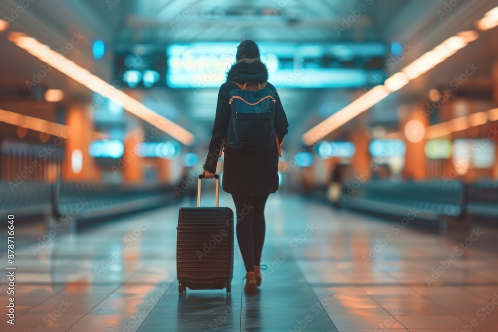 A person pulling a suitcase through an airport concourse, with their face blurred or out of focus, air travel A person pulling a suitcase through an airport concourse, with their face blurred or out of focus, air travel