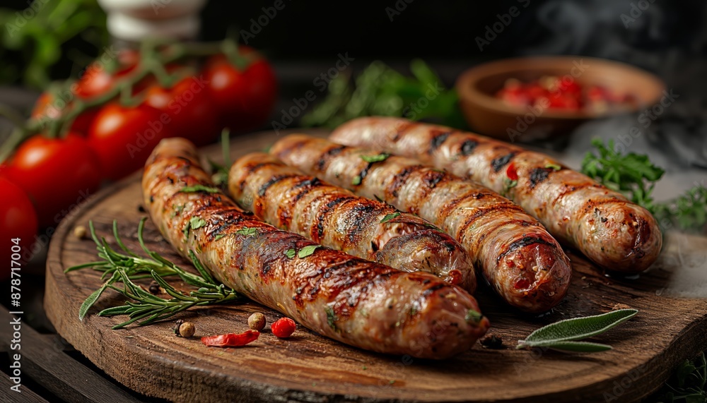A close-up of perfectly grilled sausages arranged on a wooden board, garnished with fresh herbs and surrounded by ingredients, portraying a delicious and savory meal setup. A close-up of perfectly grilled sausages arranged on a wooden board, garnished with fresh herbs and surrounded by ingredients, portraying a delicious and savory meal setup.