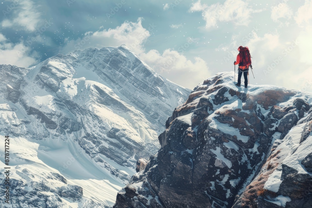 A man stands triumphantly on top of a mountain covered in snow, showcasing the thrill of conquering a challenging peak, Communicate the thrill of conquering challenging peaks and rocky terrain A man stands triumphantly on top of a mountain covered in snow, showcasing the thrill of conquering a challenging peak, Communicate the thrill of conquering challenging peaks and rocky terrain
