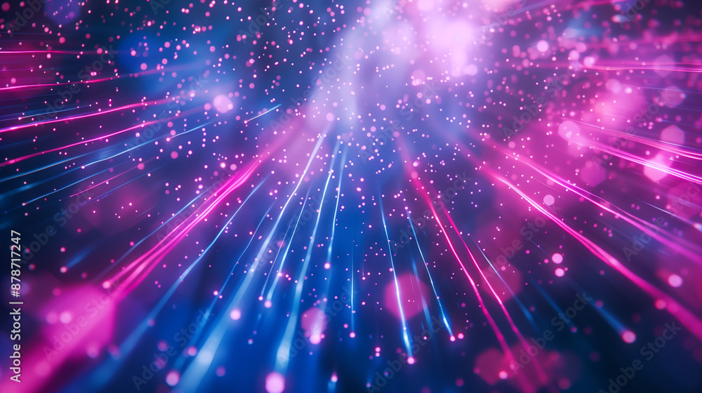 Fototapeta premium Abstract background with glowing light rays, flare particles, and bokeh lights. Dark neon glow against a night sky backdrop. Flat top view scene