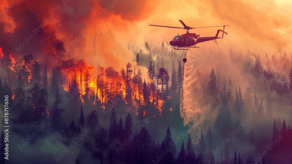Forest fire helicopter dropping water to contain flames and smoke in a remote area. Forest fire helicopter dropping water to contain flames and smoke in a remote area.