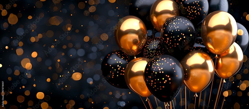 Gold and black balloons with bokeh lights on a dark background, in a party design. Gold and black balloons with bokeh lights on a dark background, in a party design.