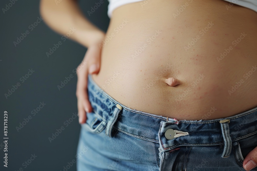 Naklejka premium a belly of a young woman, focus on belly, detailed skin