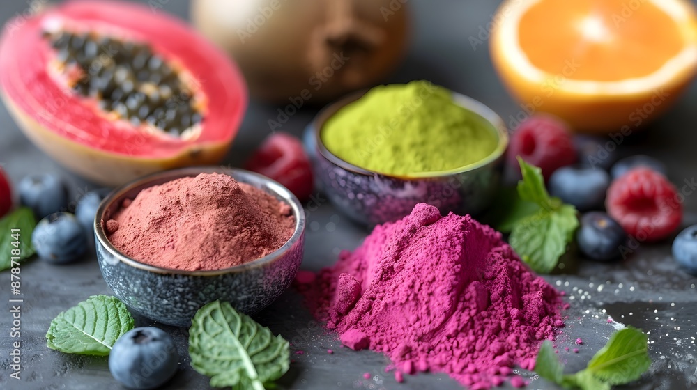 Diverse Assortment of Vibrant Superfood Powders and Fruits on Dark Background Diverse Assortment of Vibrant Superfood Powders and Fruits on Dark Background