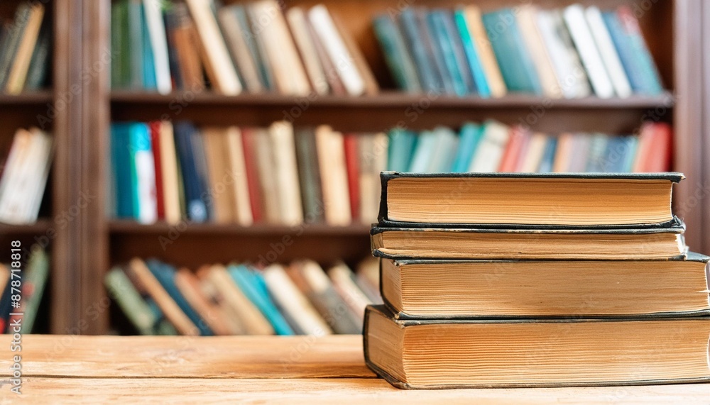 A stack of old books on table against background of bookshelf in library. Ancient books as a symbol of knowledge, history, memory and information. Conceptual background on education, literature topics A stack of old books on table against background of bookshelf in library. Ancient books as a symbol of knowledge, history, memory and information. Conceptual background on education, literature topics